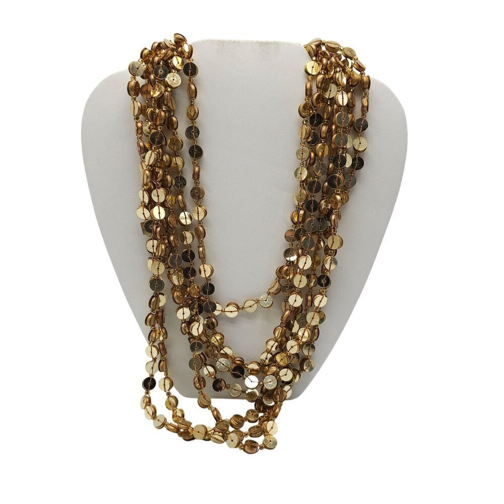 Gold Tone Multi-Strand Sequin Necklace With Adjustable Chain 21 Inches